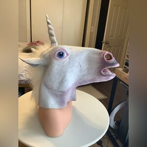 Halloween Costume White Unicorn Rubber Mask with Pink Accents